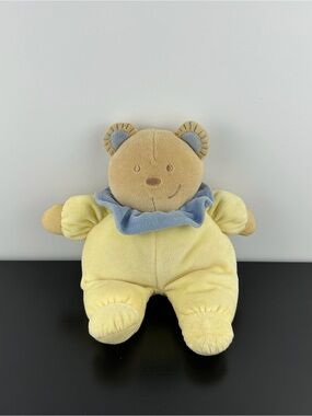 Tex Carrefour France RARE Teddy Bear 8" Yellow Blue Tan Plush Doudou Ours Rattle